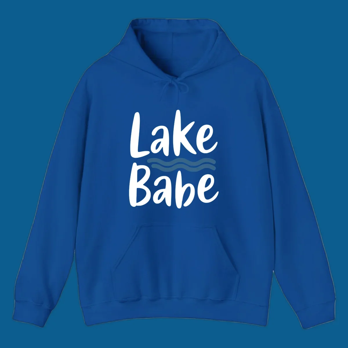 Lake Babe text with blue wavy lines, white font on dark background.