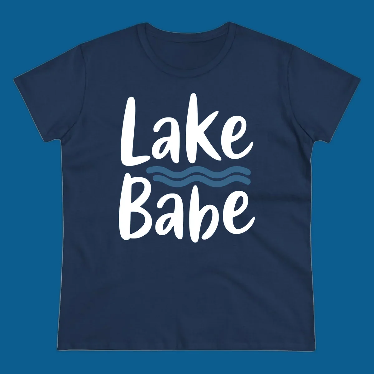Lake Babe text with blue wavy lines, white font on dark background.