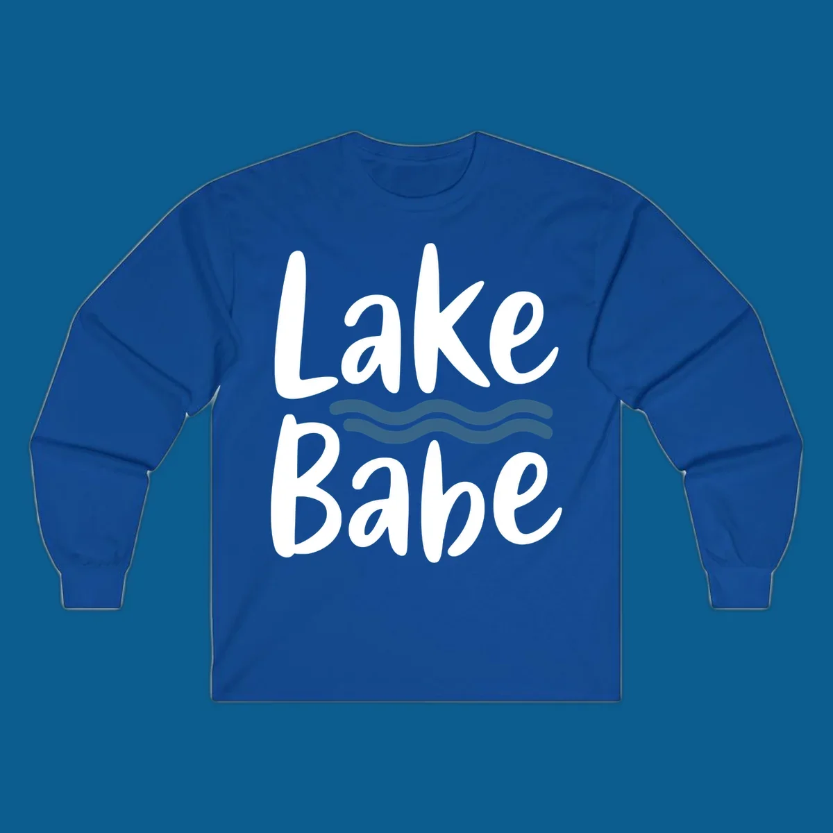 Lake Babe text with blue wavy lines, white font on dark background.