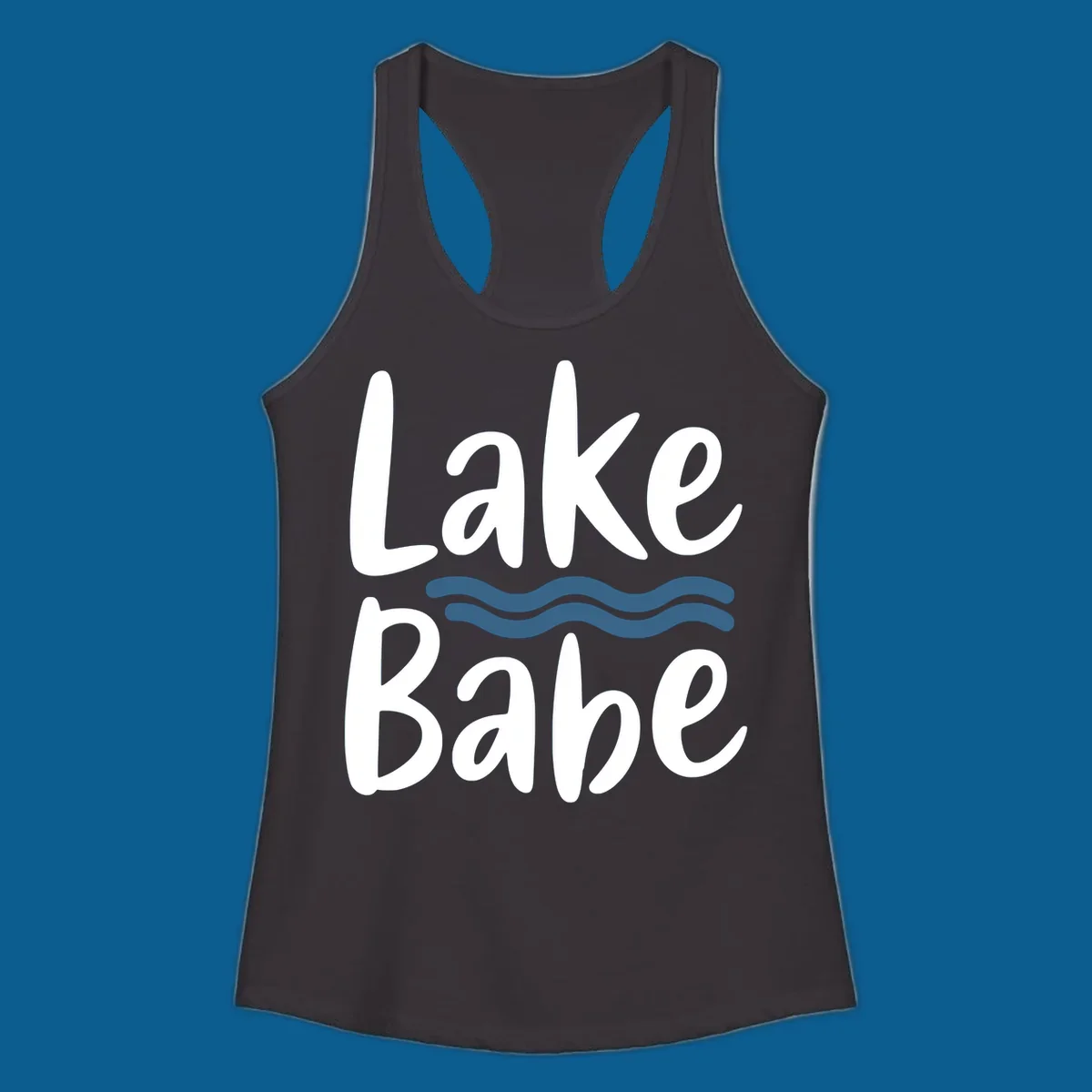 Lake Babe text with blue wavy lines, white font on dark background.