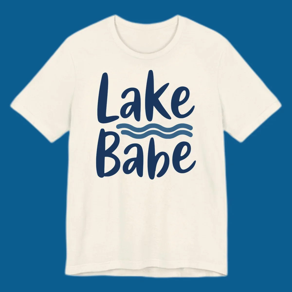 Lake Babe text with blue wavy lines, white font on dark background.