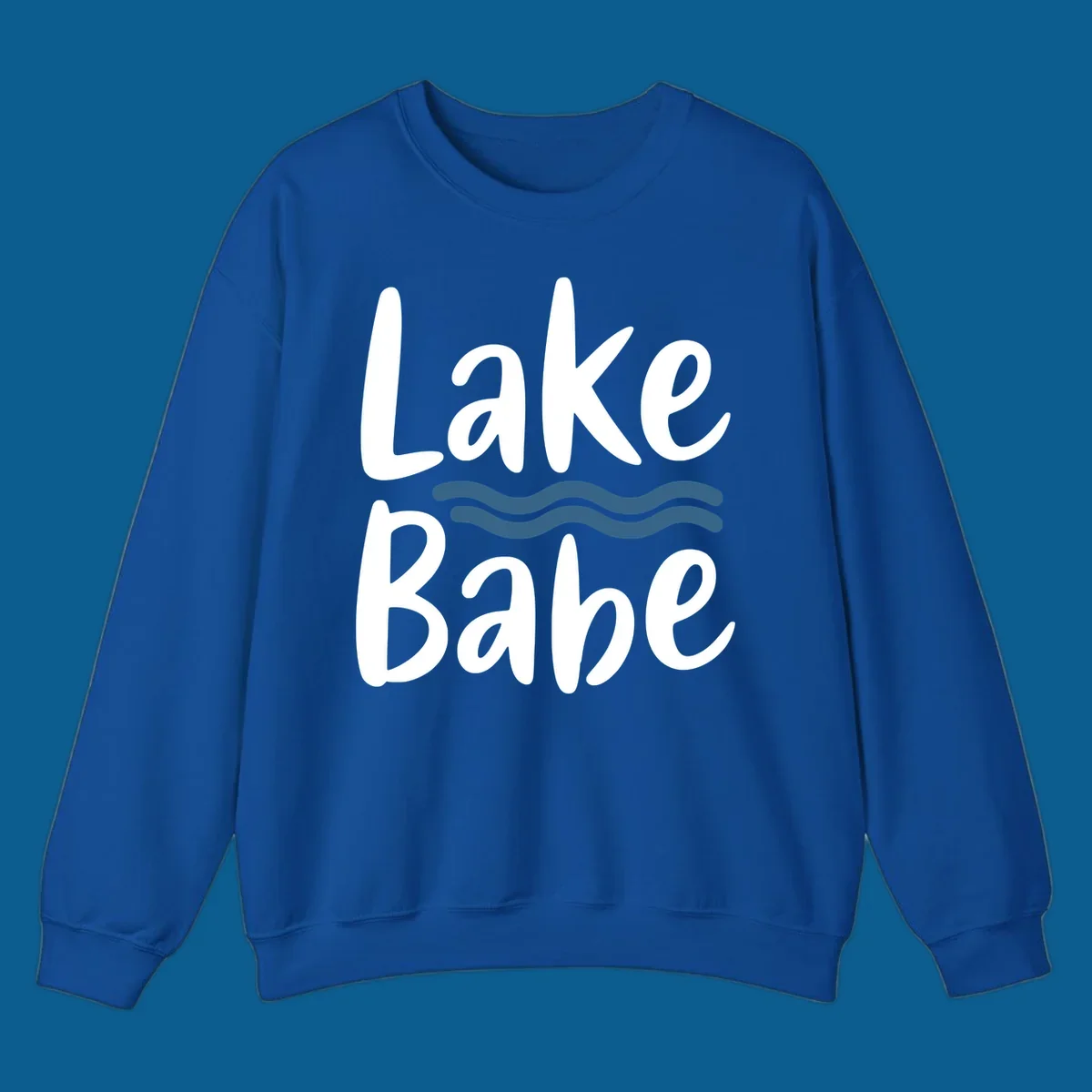 Lake Babe text with blue wavy lines, white font on dark background.