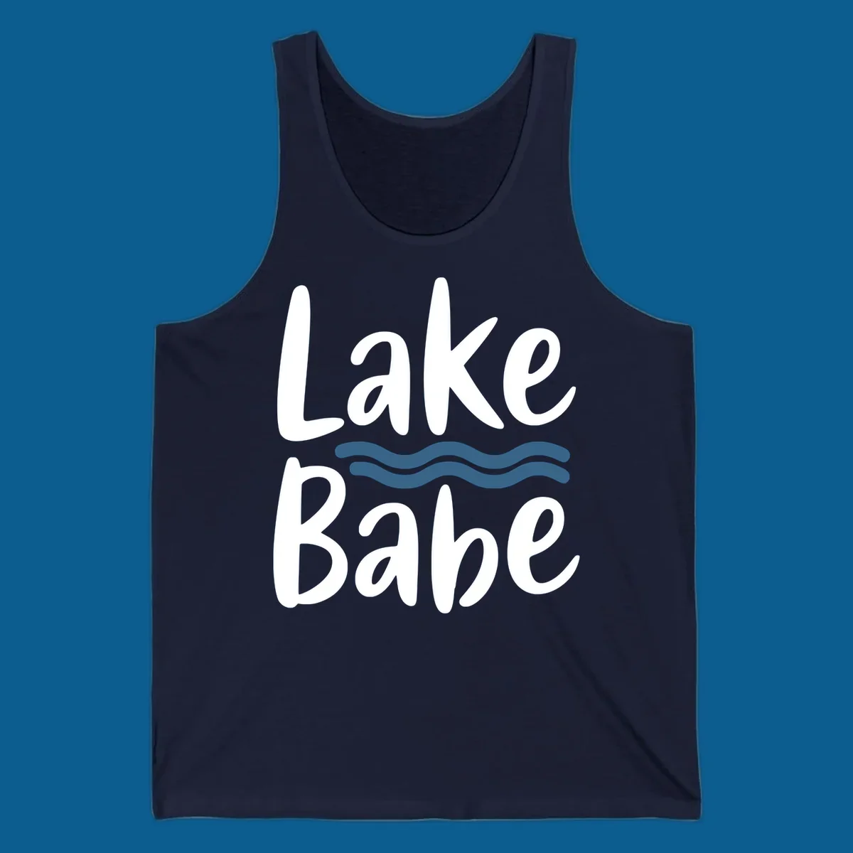 Lake Babe text with blue wavy lines, white font on dark background.