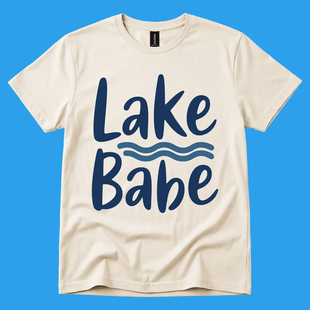 Lake Babe text with blue wavy lines, white font on dark background.