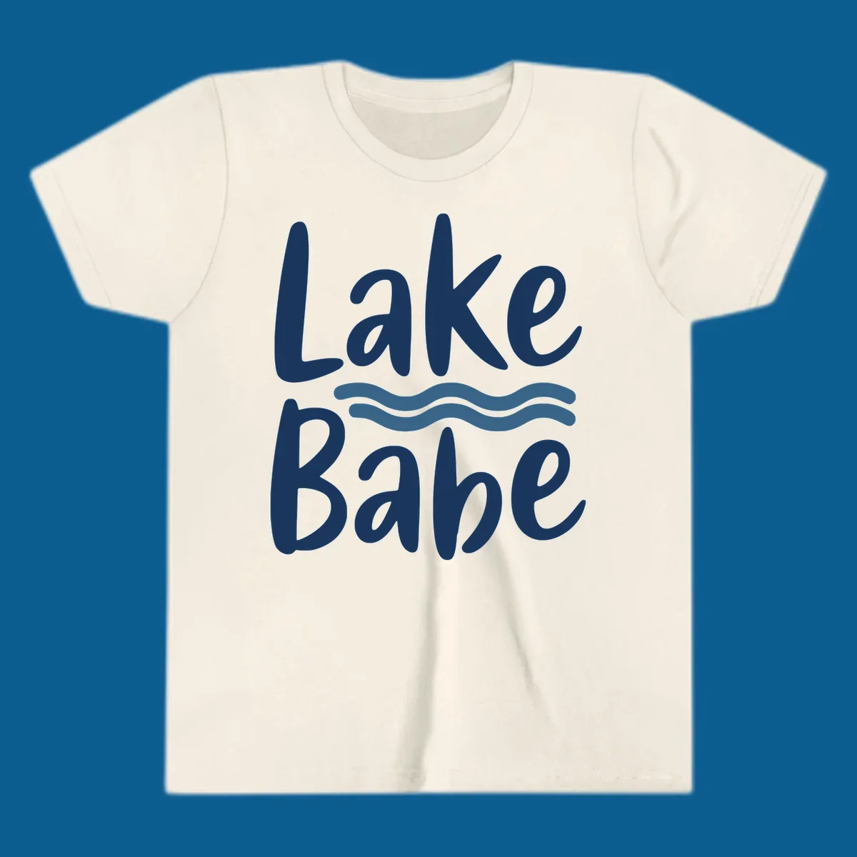 Lake Babe text with blue wavy lines, white font on dark background.