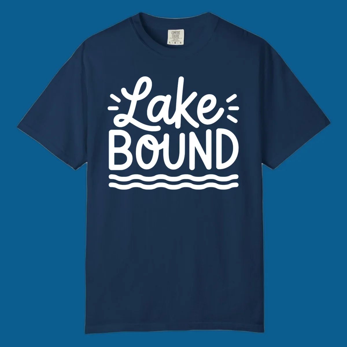 White text 'Lake BOUND' with wavy lines below, on a black background. Lake-bound travel design.