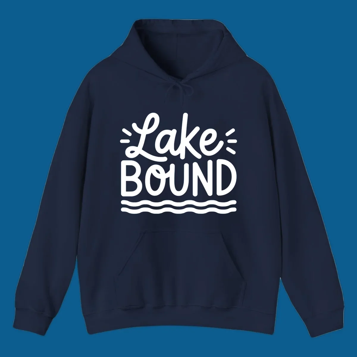 White text 'Lake BOUND' with wavy lines below, on a black background. Lake-bound travel design.