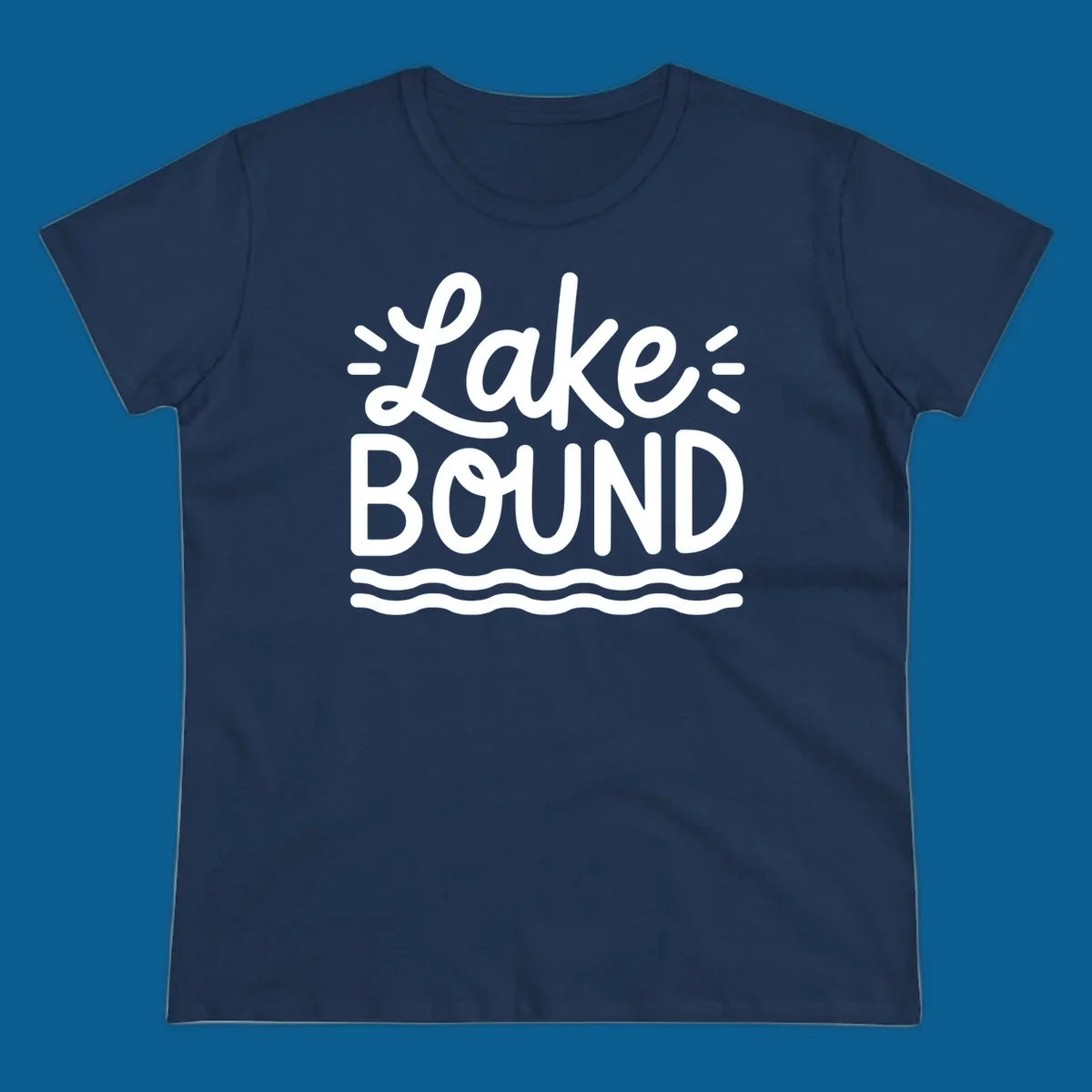 White text 'Lake BOUND' with wavy lines below, on a black background. Lake-bound travel design.