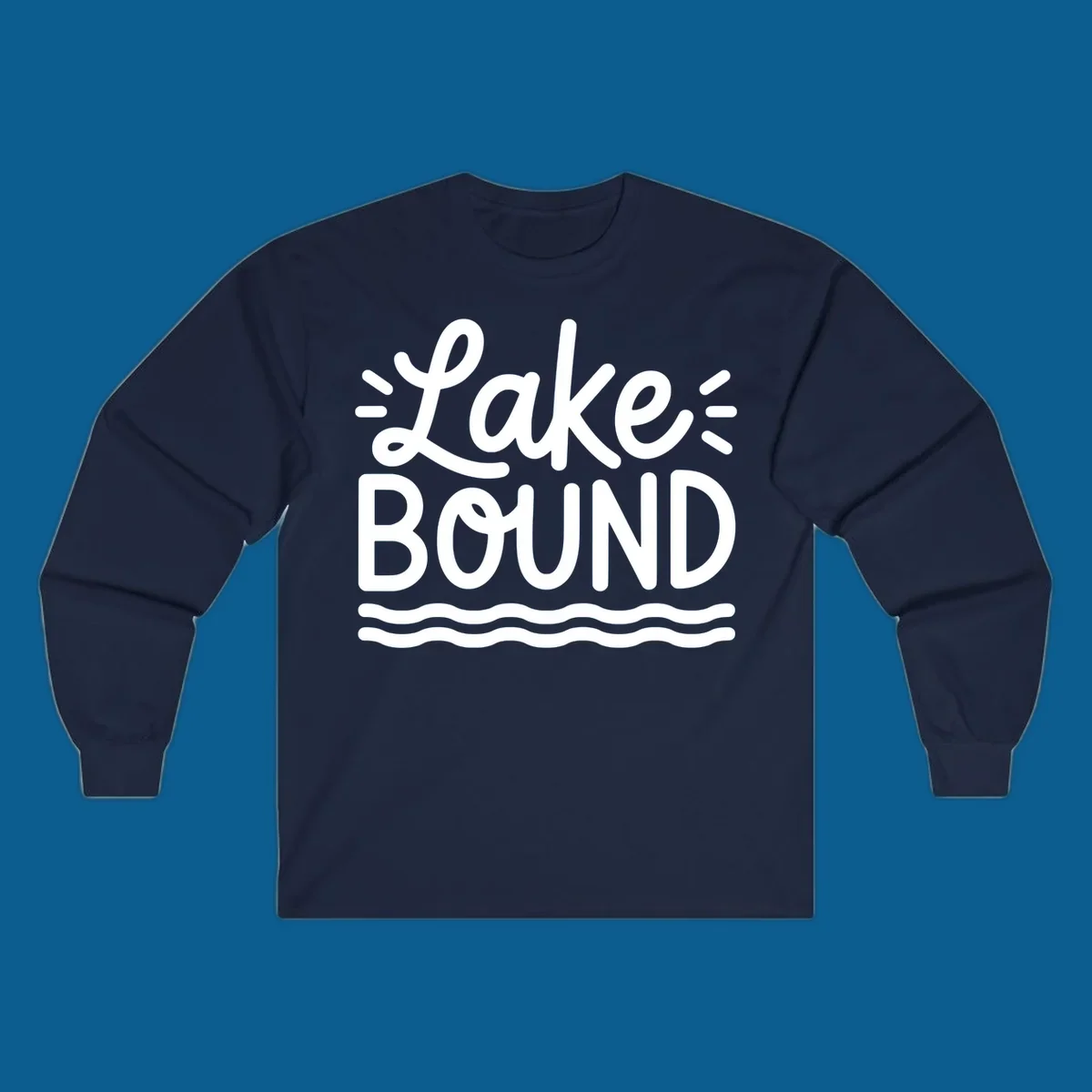 White text 'Lake BOUND' with wavy lines below, on a black background. Lake-bound travel design.