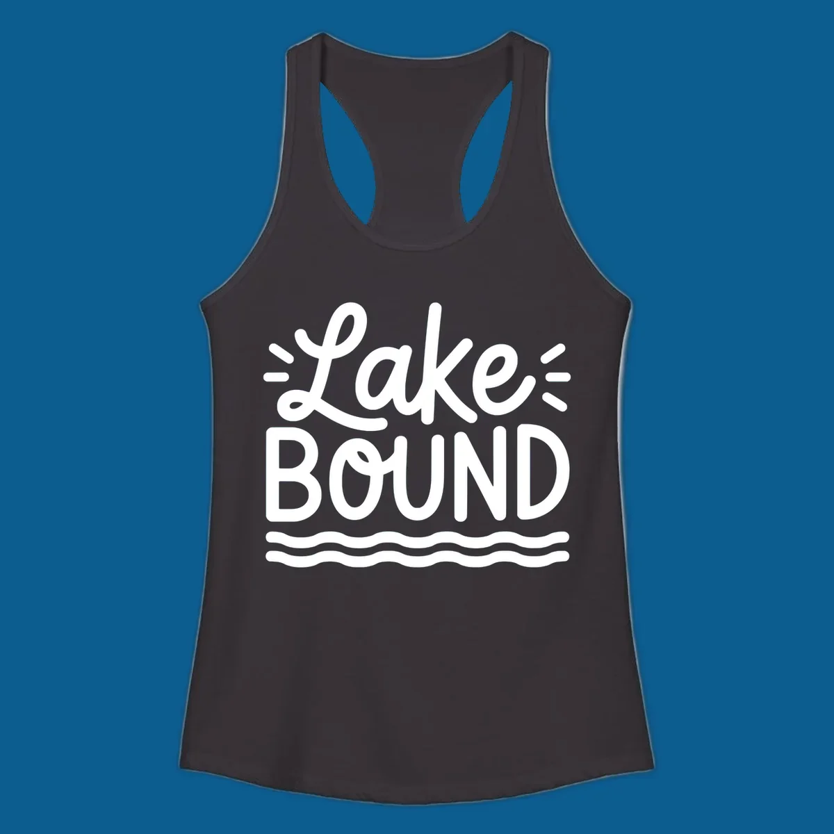 White text 'Lake BOUND' with wavy lines below, on a black background. Lake-bound travel design.