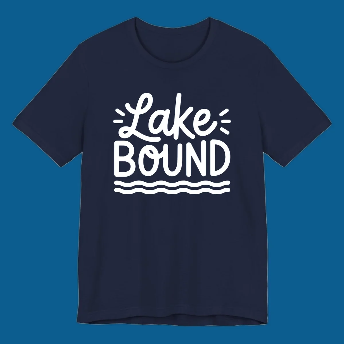 White text 'Lake BOUND' with wavy lines below, on a black background. Lake-bound travel design.