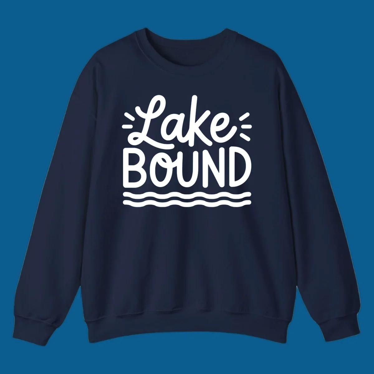 White text 'Lake BOUND' with wavy lines below, on a black background. Lake-bound travel design.
