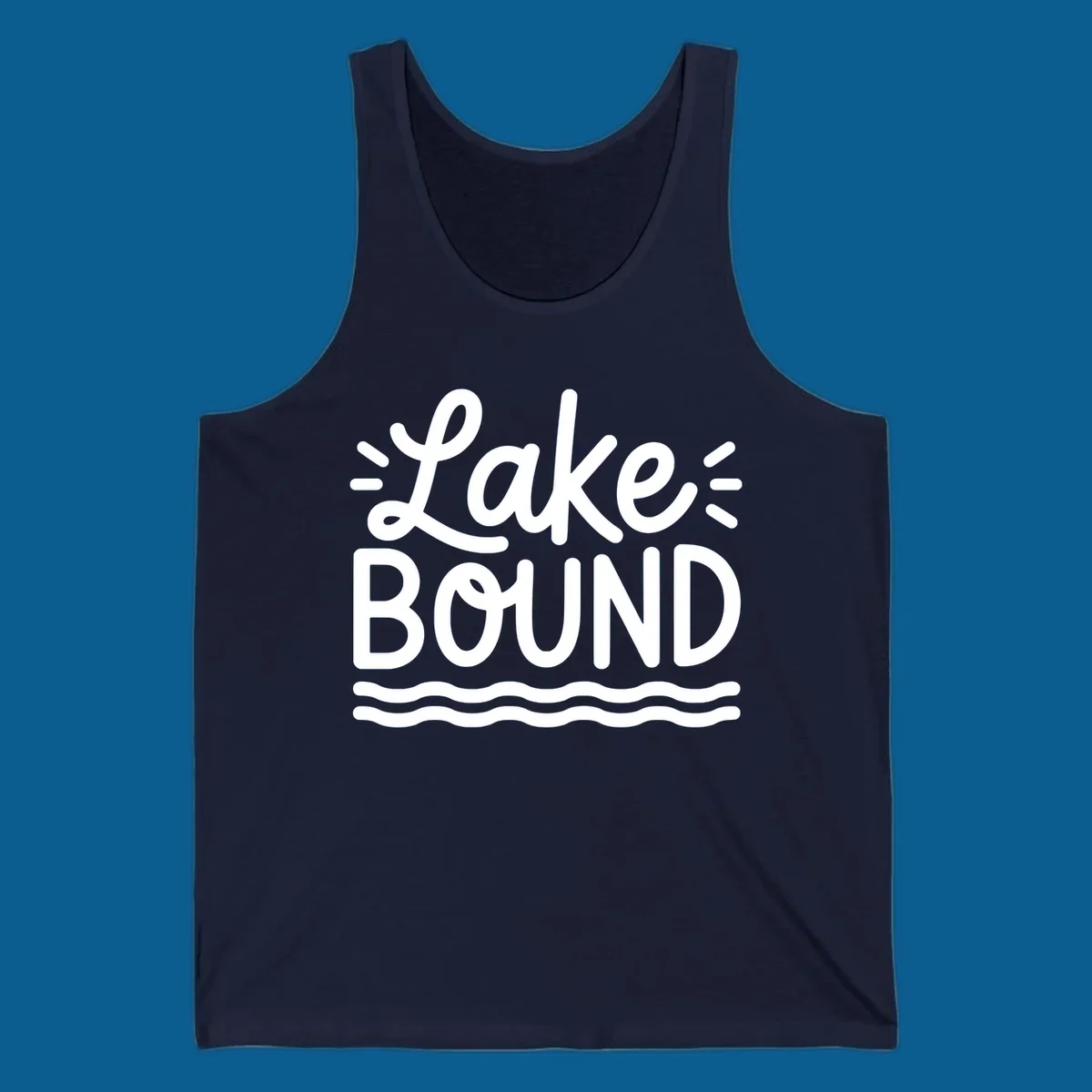 White text 'Lake BOUND' with wavy lines below, on a black background. Lake-bound travel design.