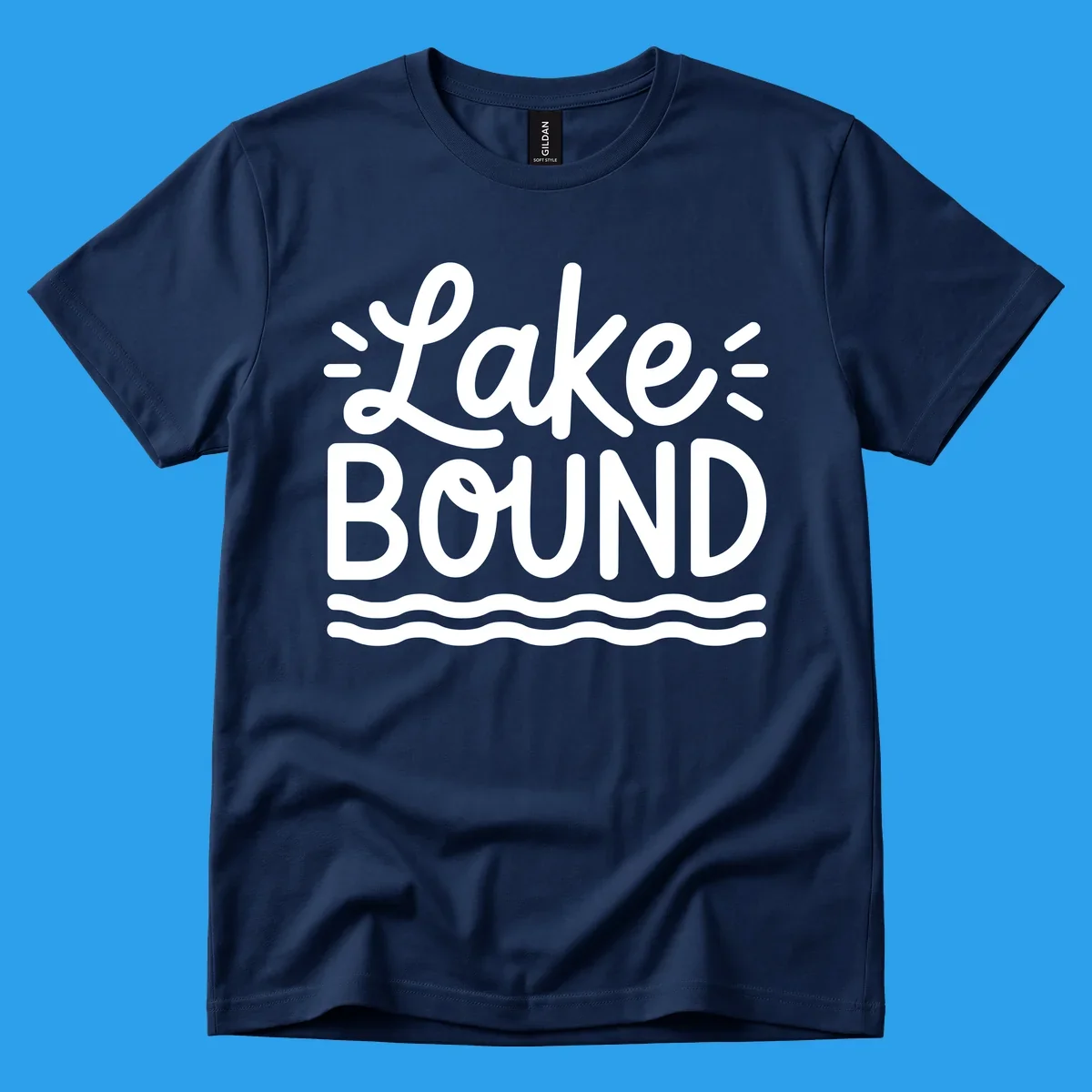 White text 'Lake BOUND' with wavy lines below, on a black background. Lake-bound travel design.