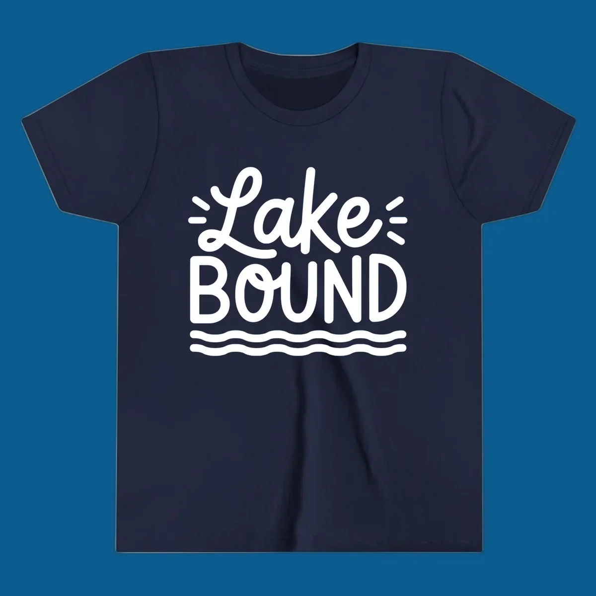 White text 'Lake BOUND' with wavy lines below, on a black background. Lake-bound travel design.