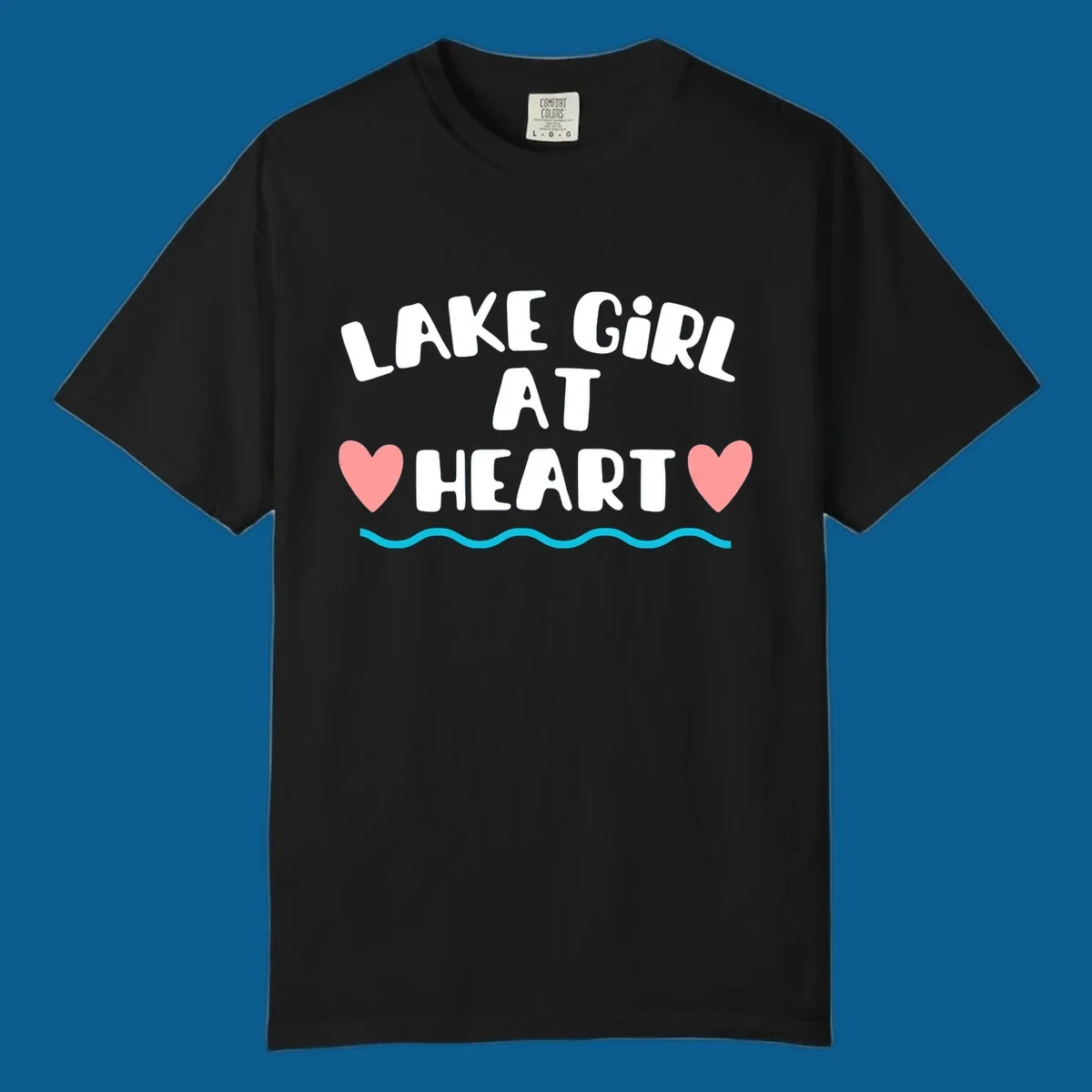 Lake girl at heart text with hearts and water graphic