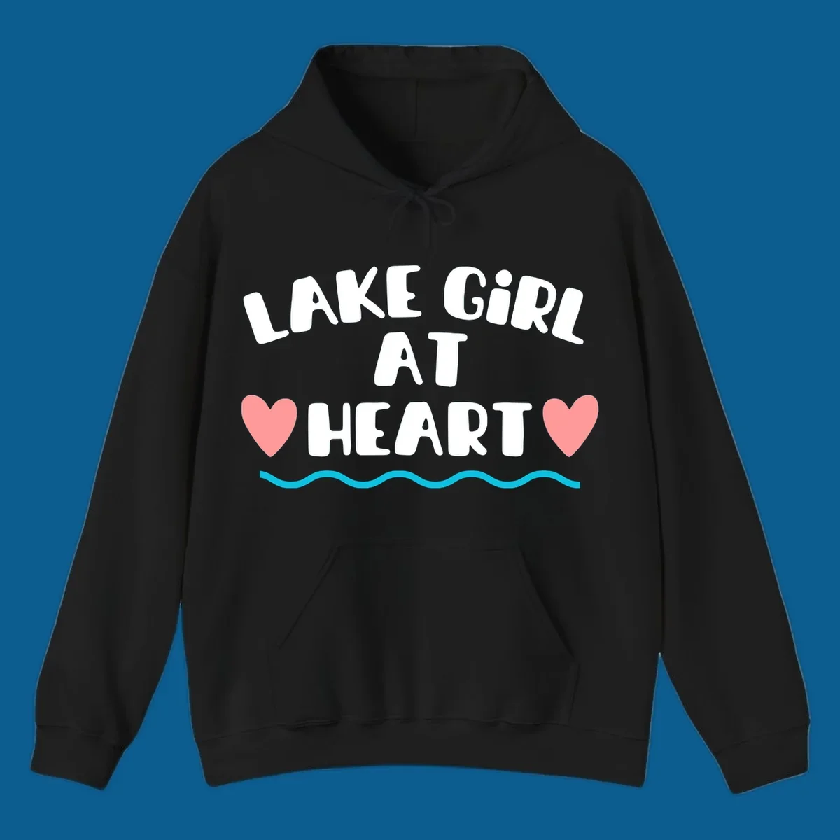Lake girl at heart text with hearts and water graphic
