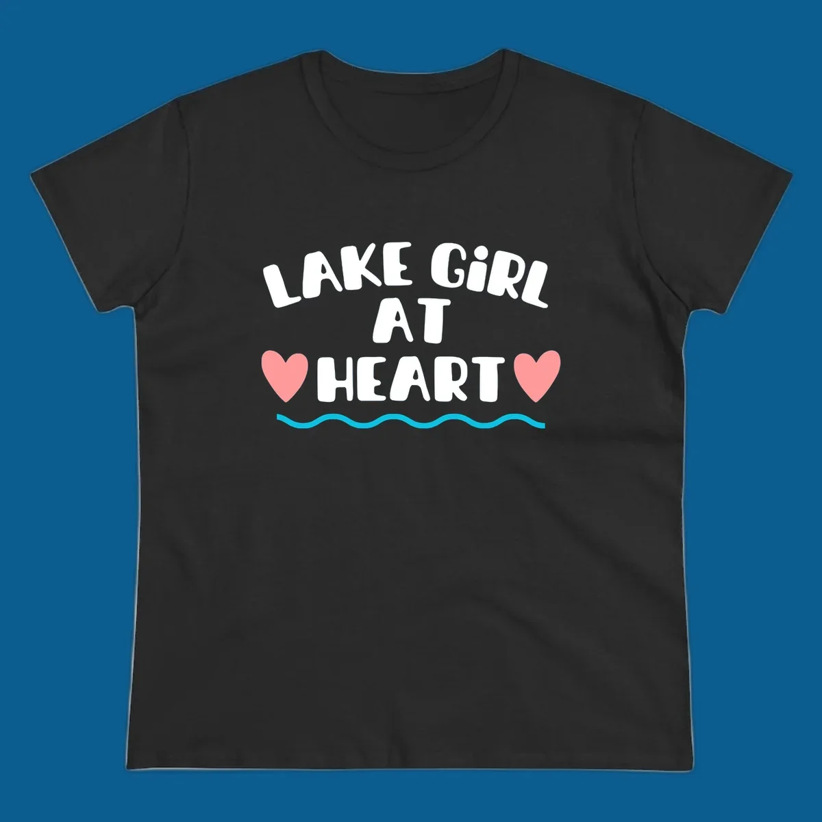 Lake girl at heart text with hearts and water graphic
