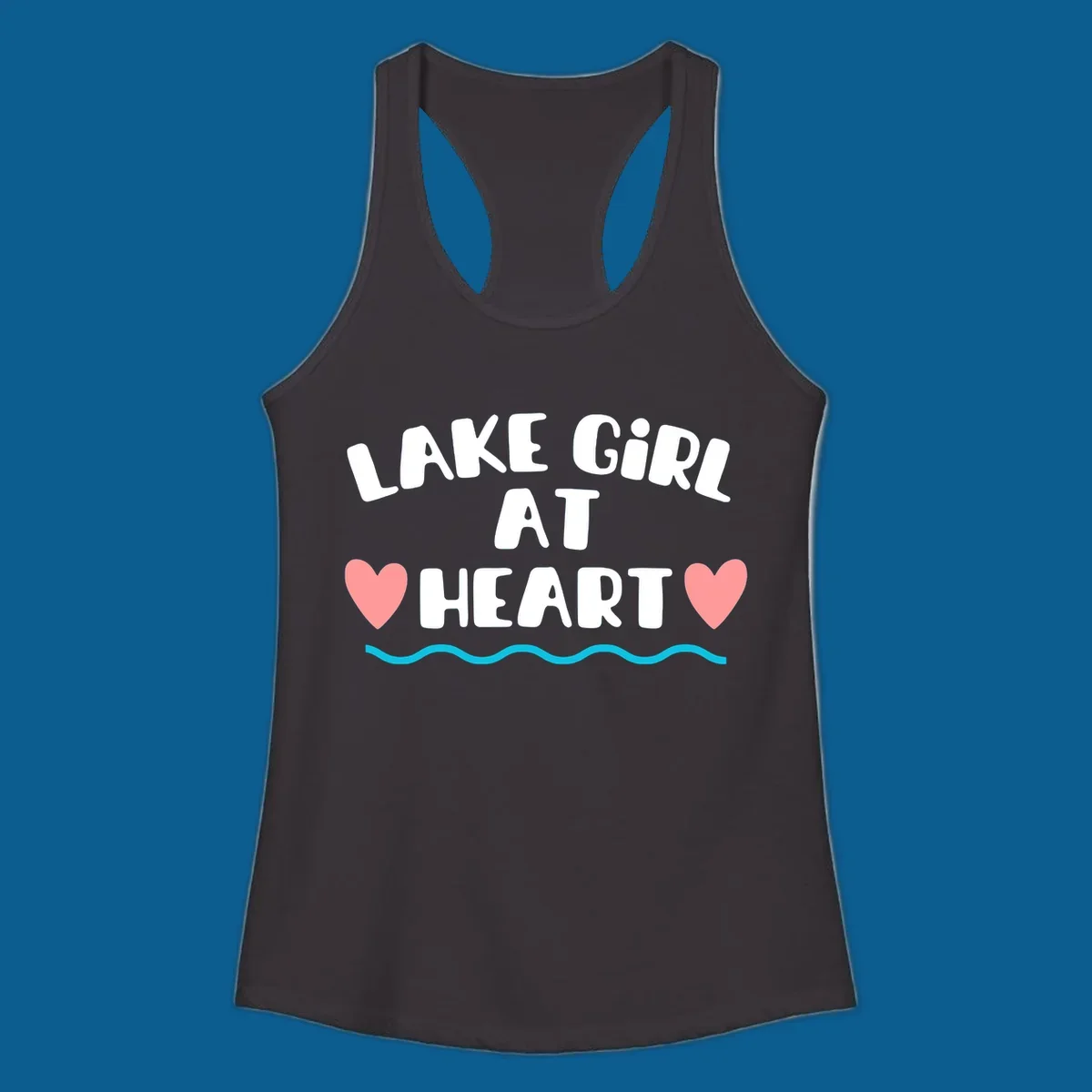Lake girl at heart text with hearts and water graphic