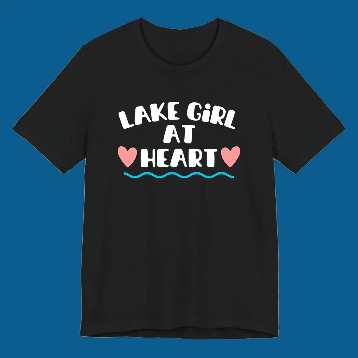 Lake girl at heart text with hearts and water graphic