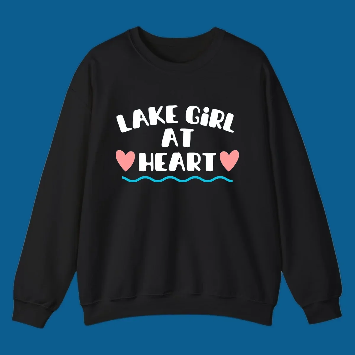 Lake girl at heart text with hearts and water graphic