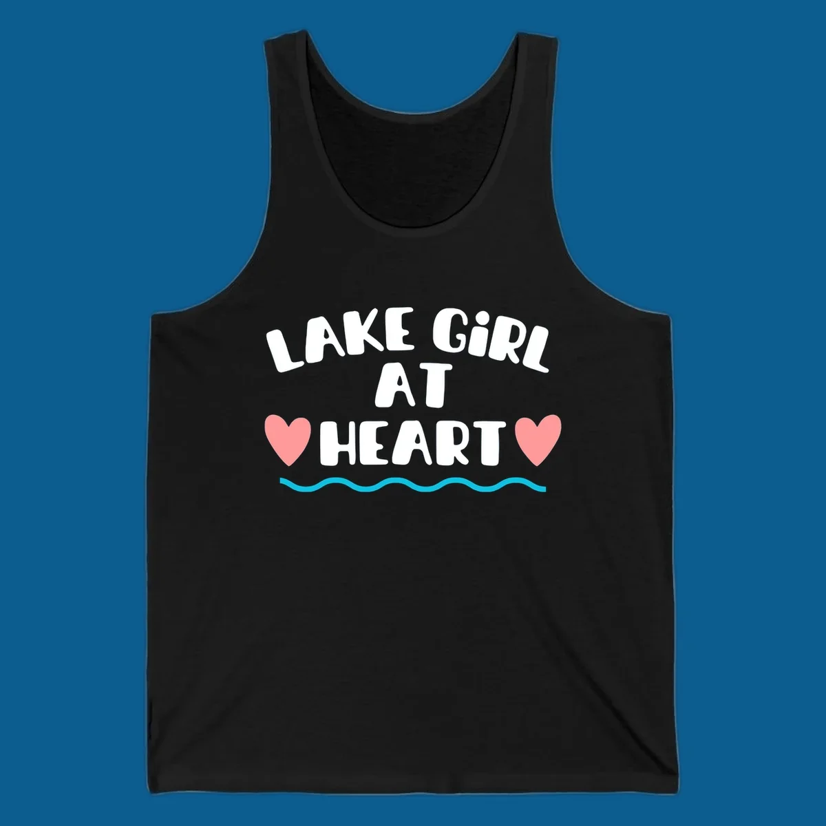 Lake girl at heart text with hearts and water graphic