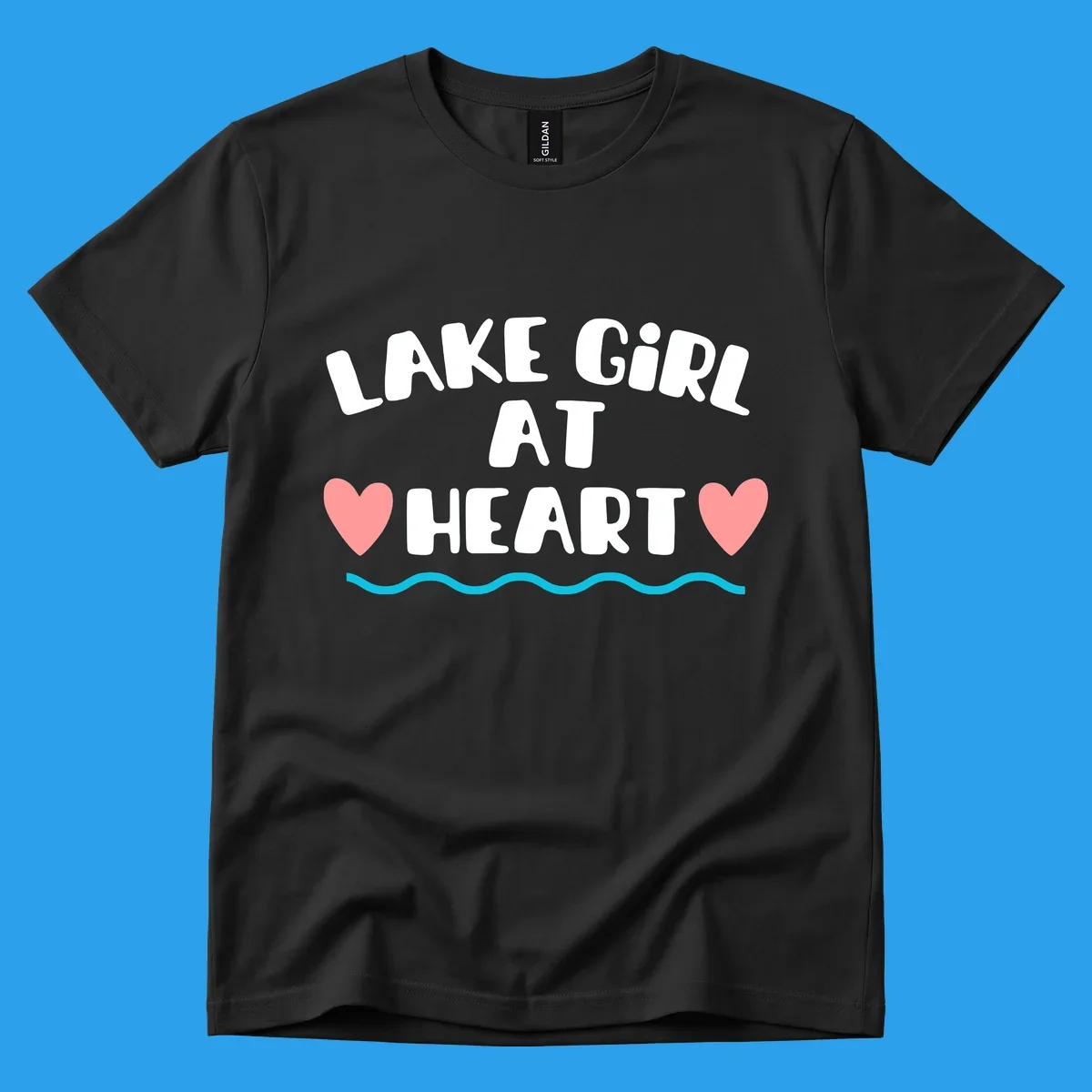 Lake girl at heart text with hearts and water graphic