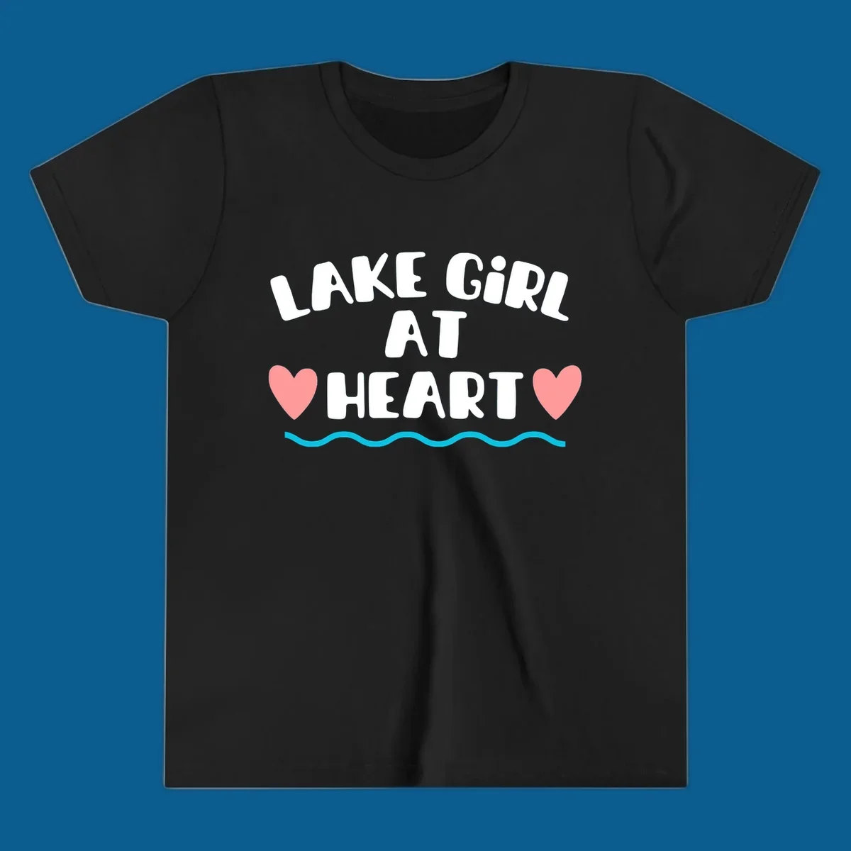 Lake girl at heart text with hearts and water graphic