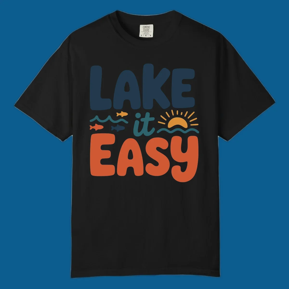 Lake it Easy text with waves, fish, and sun graphic. lake life.