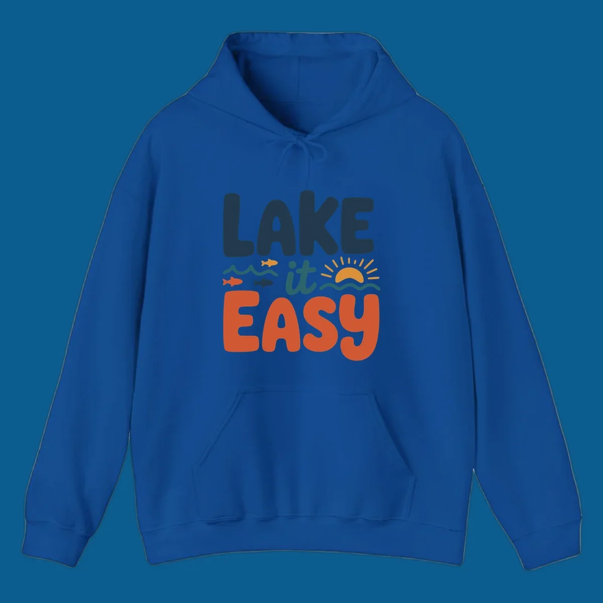 Lake it Easy text with waves, fish, and sun graphic. lake life.