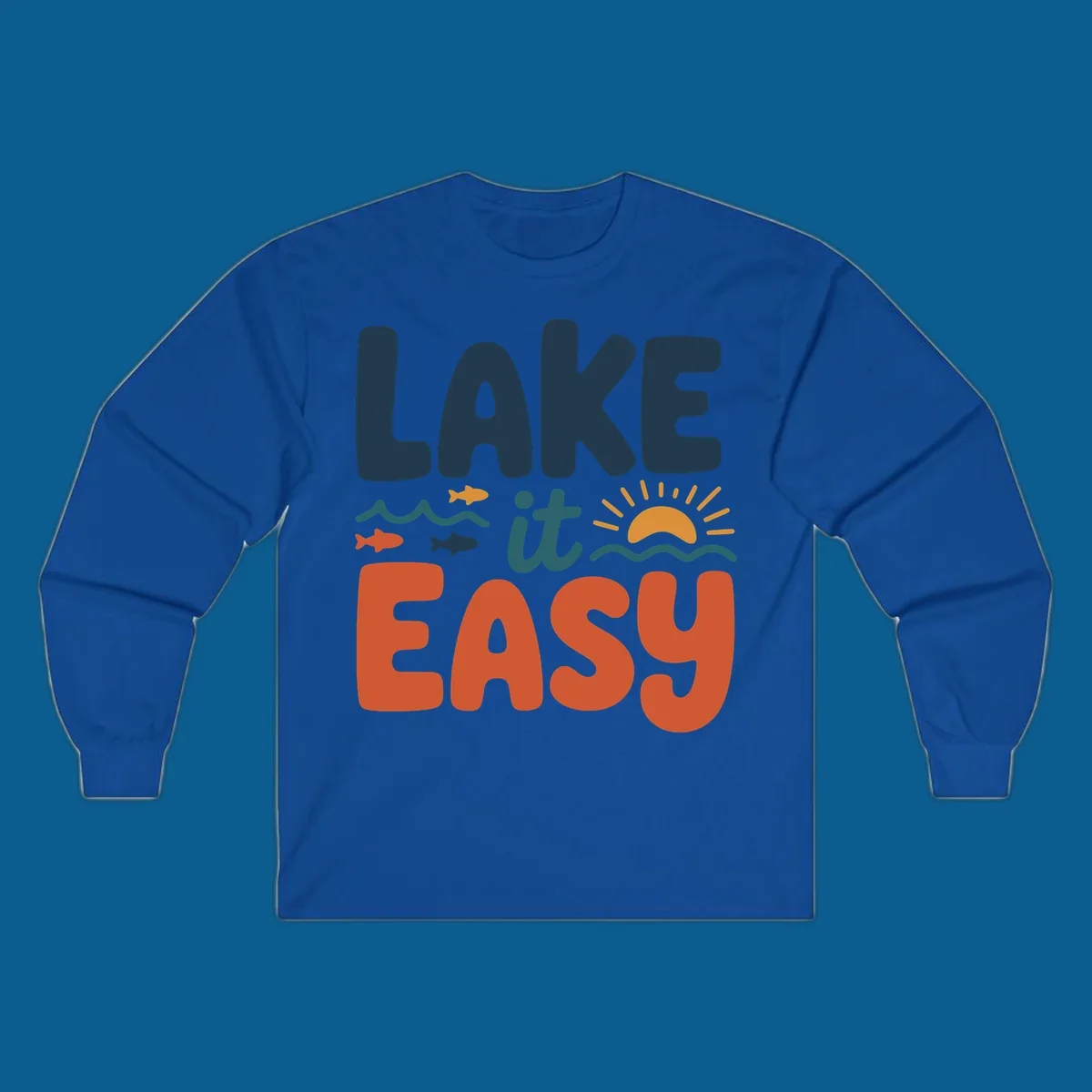 Lake it Easy text with waves, fish, and sun graphic. lake life.