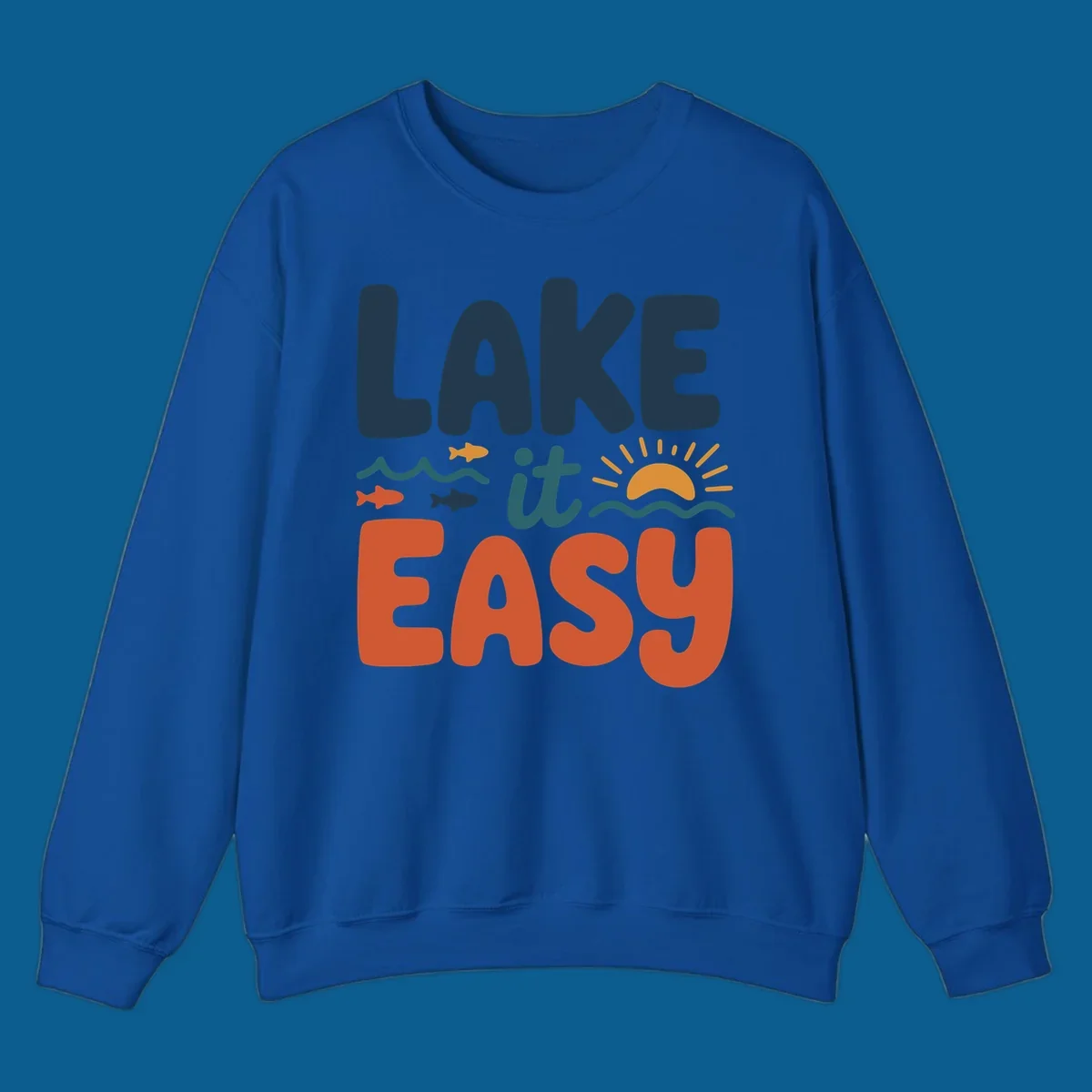 Lake it Easy text with waves, fish, and sun graphic. lake life.