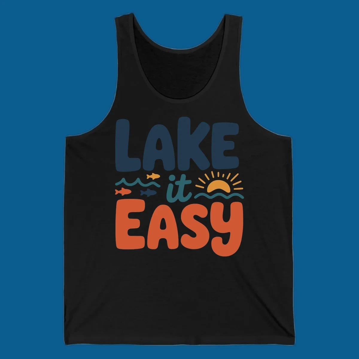 Lake it Easy text with waves, fish, and sun graphic. lake life.