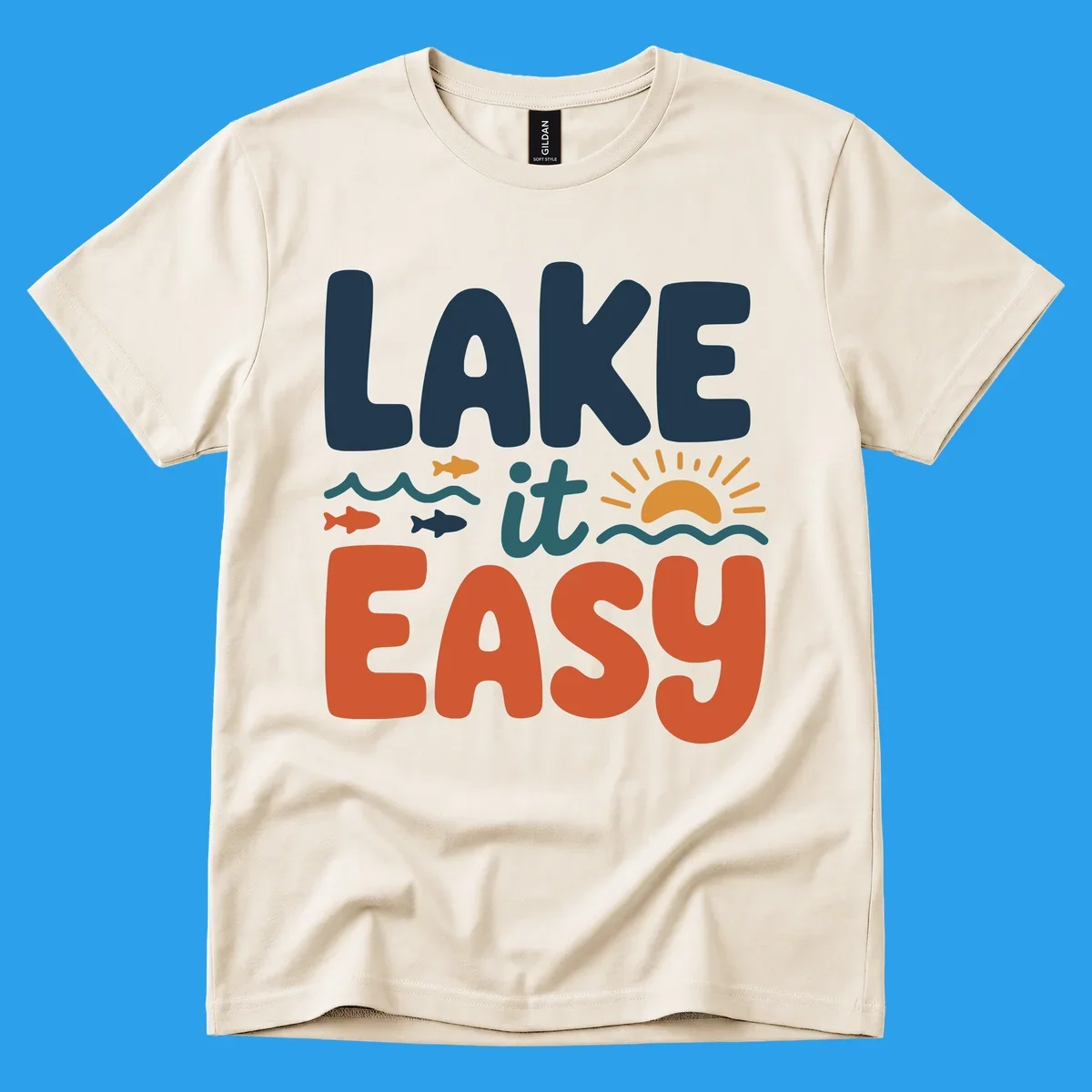 Lake it Easy text with waves, fish, and sun graphic. lake life.