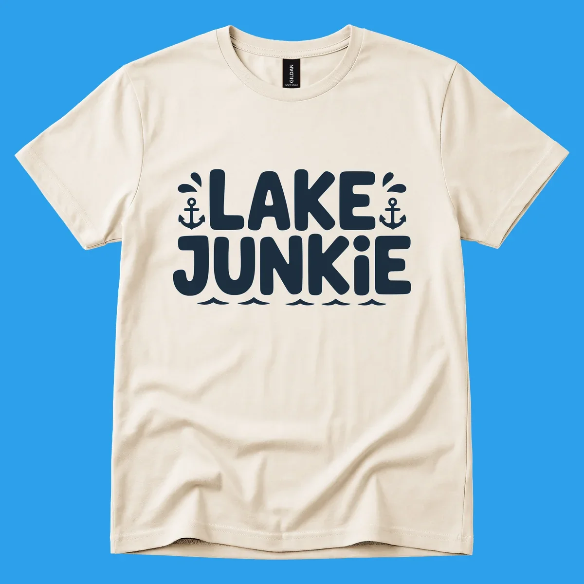 Lake Junkie typography design with anchors and waves, representing lake-junkie-lifestyle.