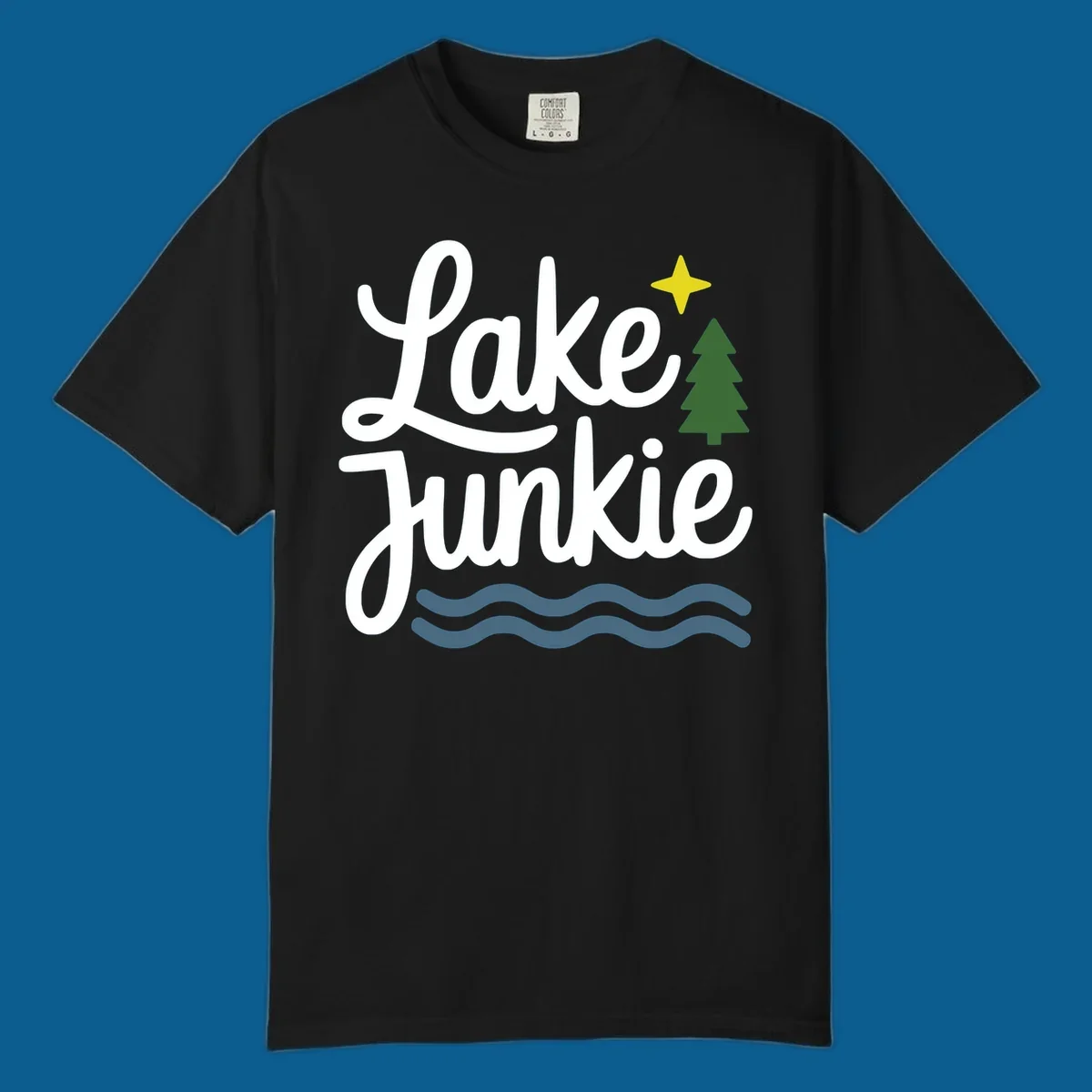 Lake Junkie lifestyle design with text, pine tree, star, and water waves.