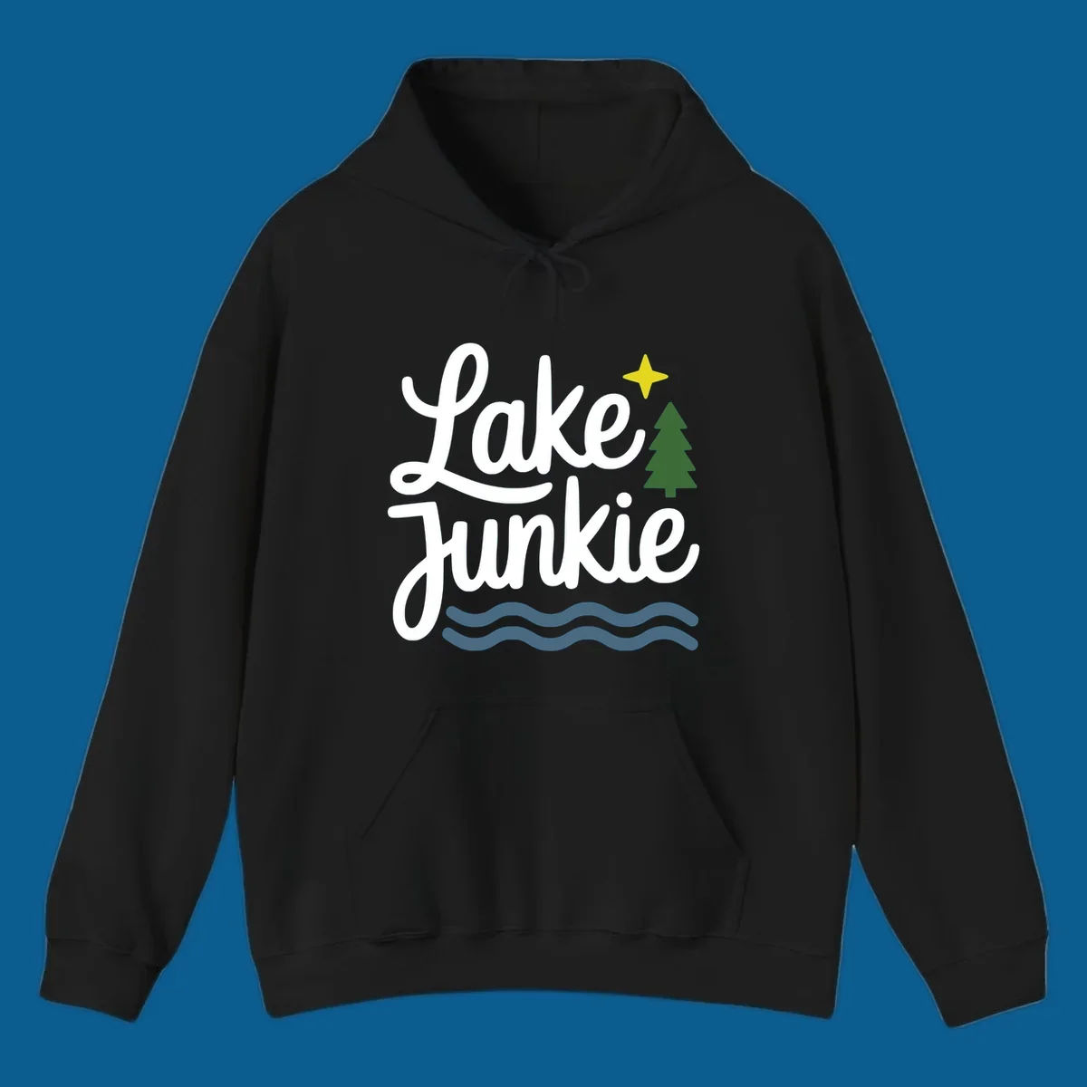 Lake Junkie lifestyle design with text, pine tree, star, and water waves.