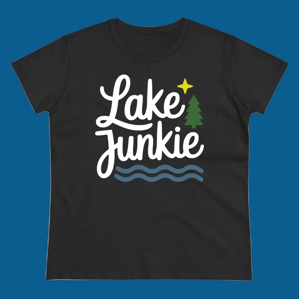 Lake Junkie lifestyle design with text, pine tree, star, and water waves.
