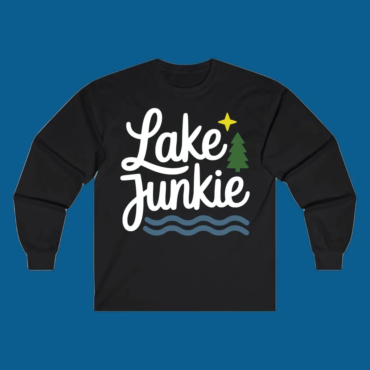 Lake Junkie lifestyle design with text, pine tree, star, and water waves.