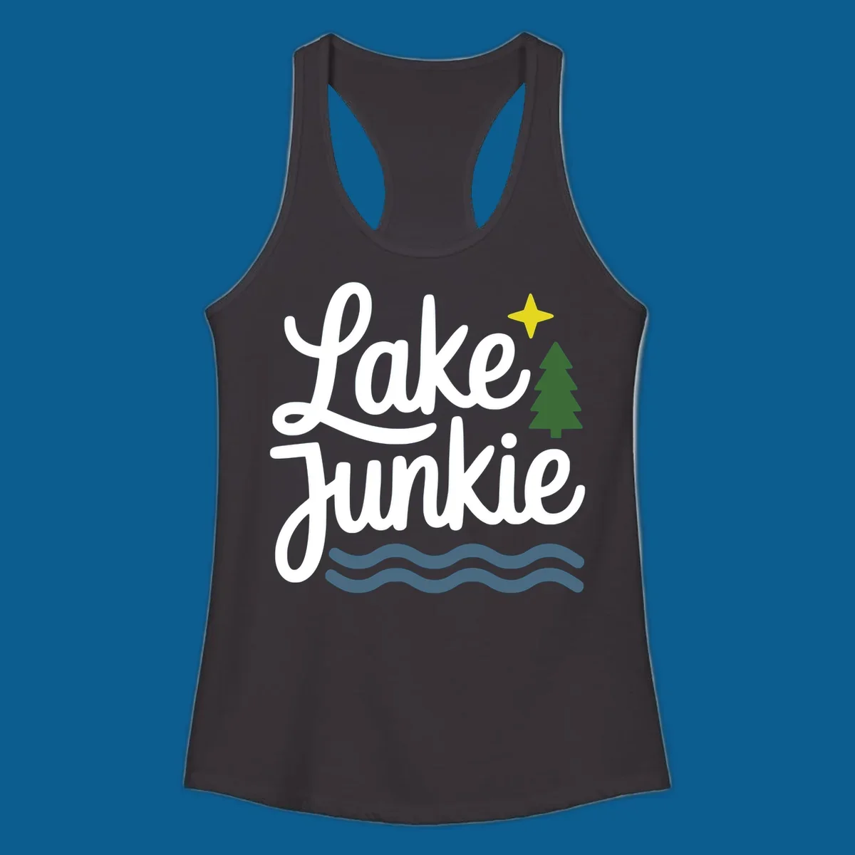 Lake Junkie lifestyle design with text, pine tree, star, and water waves.