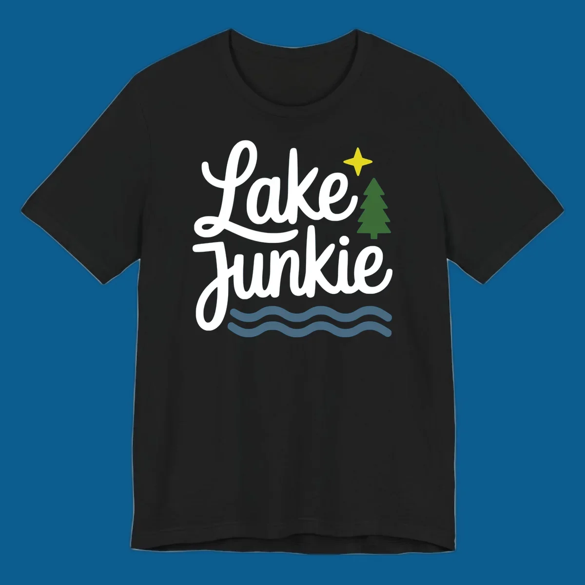 Lake Junkie lifestyle design with text, pine tree, star, and water waves.