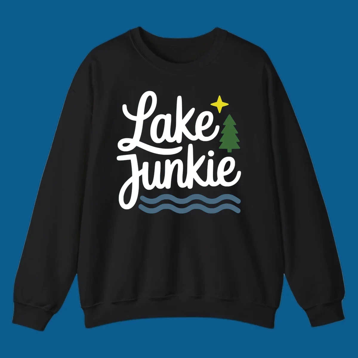 Lake Junkie lifestyle design with text, pine tree, star, and water waves.
