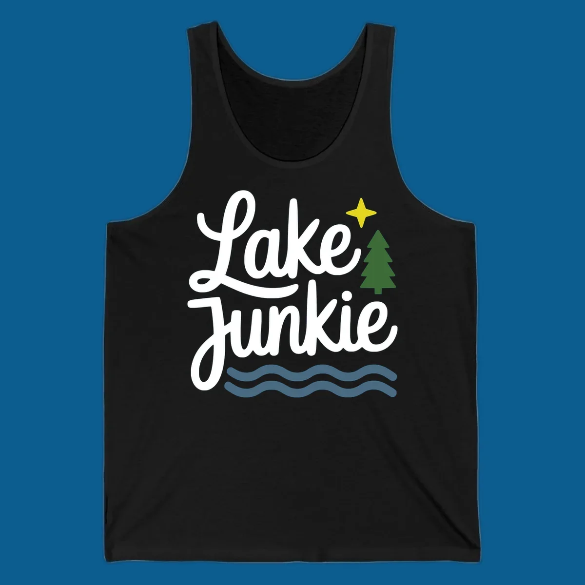 Lake Junkie lifestyle design with text, pine tree, star, and water waves.