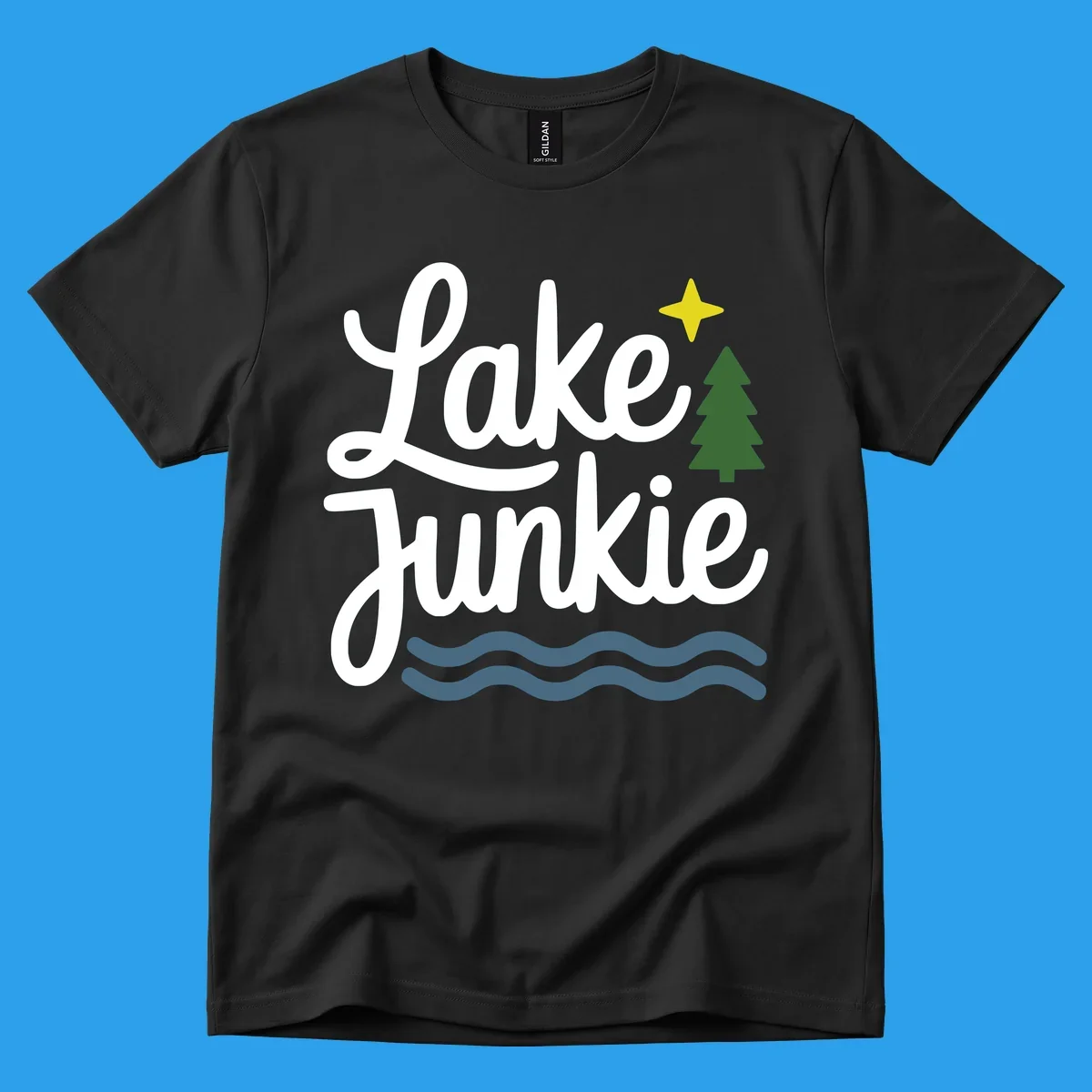 Lake Junkie lifestyle design with text, pine tree, star, and water waves.
