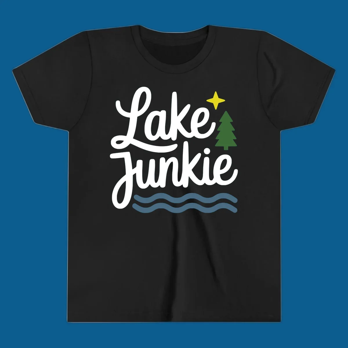 Lake Junkie lifestyle design with text, pine tree, star, and water waves.