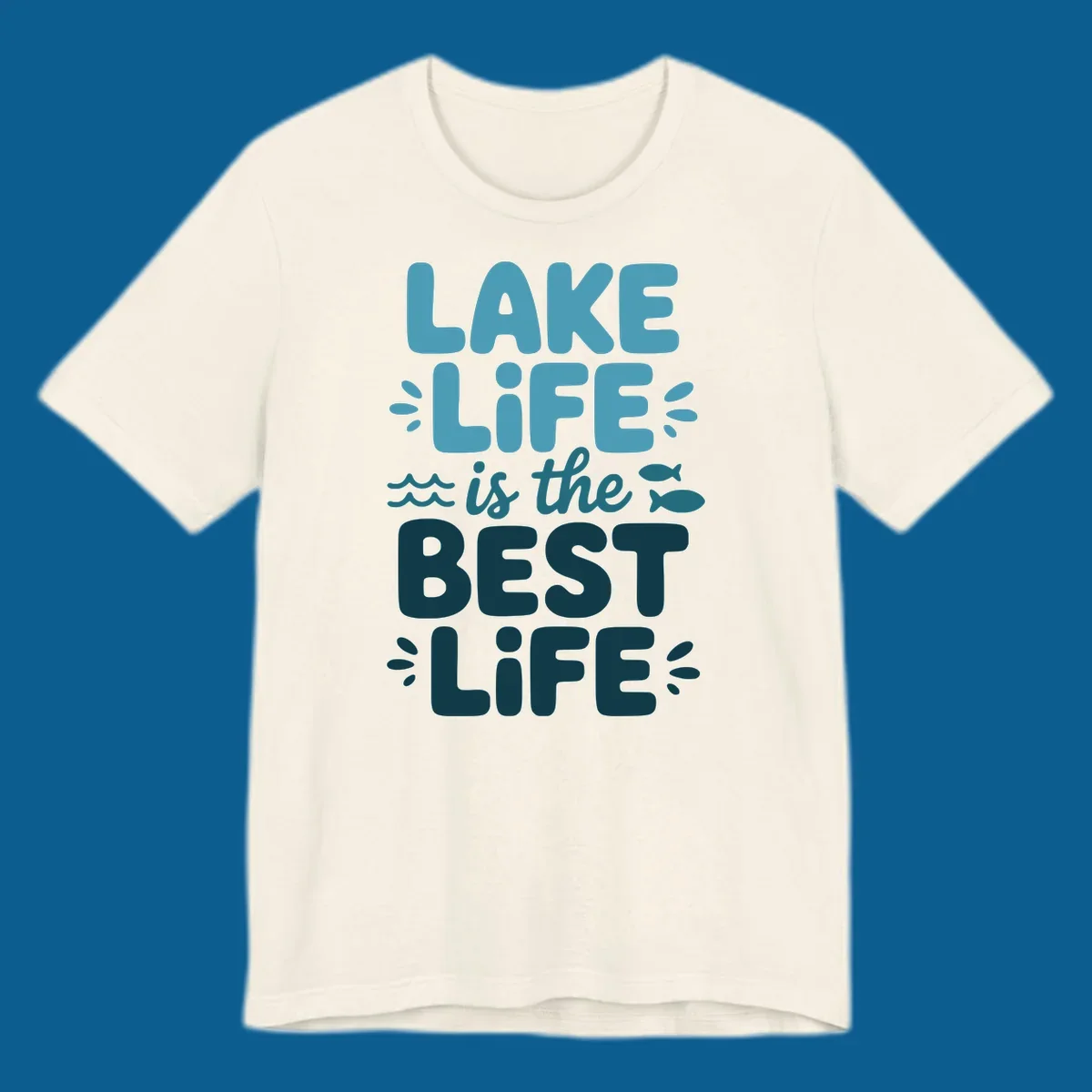 Lake life is the best life typography design with waves and fish.