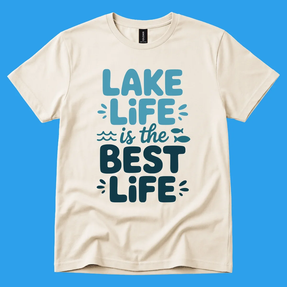 Lake life is the best life typography design with waves and fish.