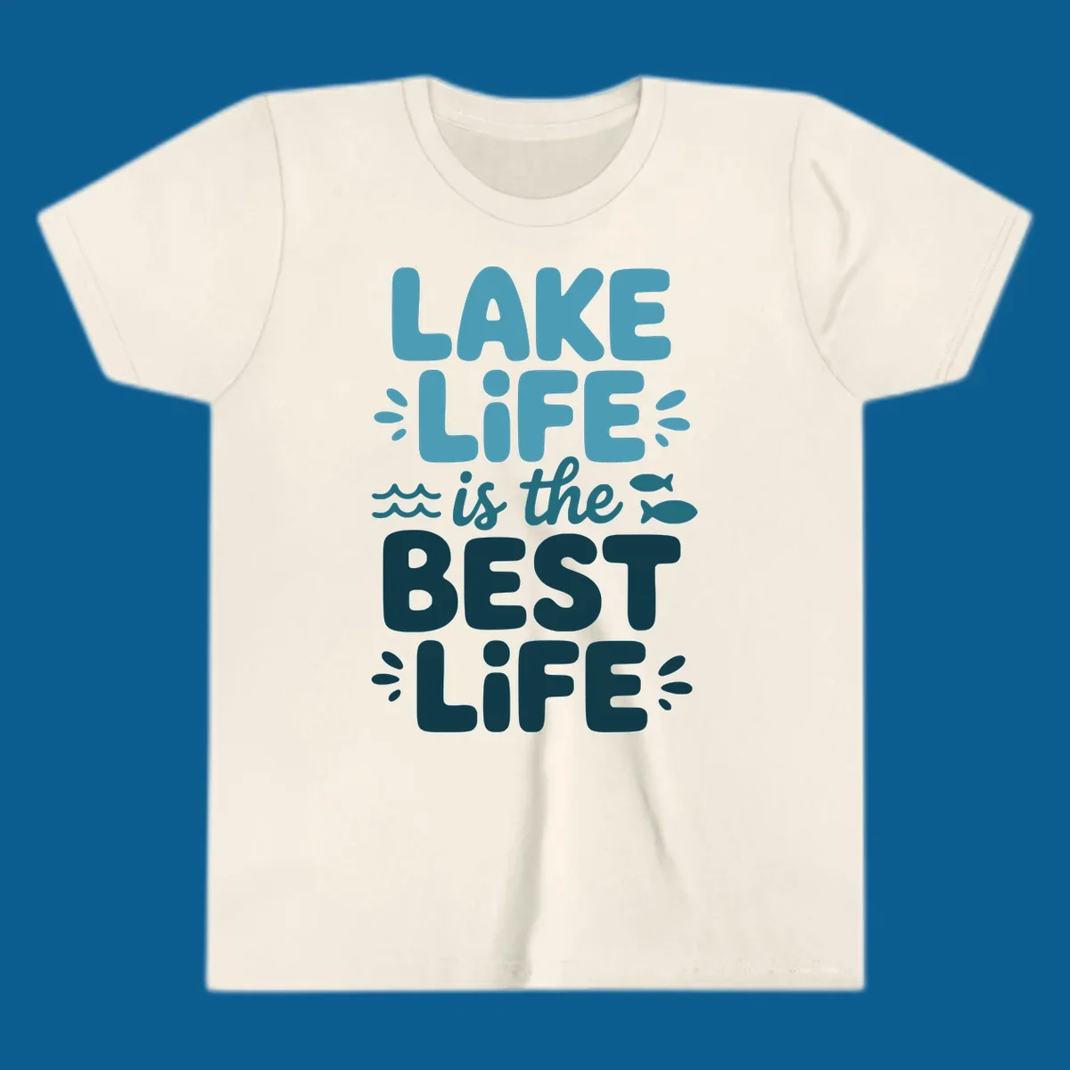 Lake life is the best life typography design with waves and fish.