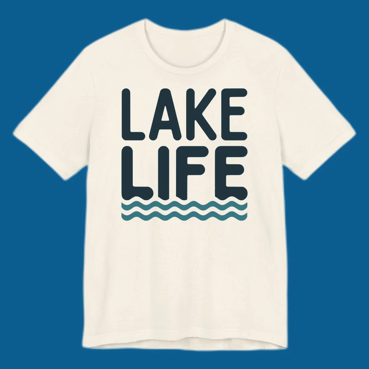 Lake life typography with waves graphic, dark blue and teal colors.