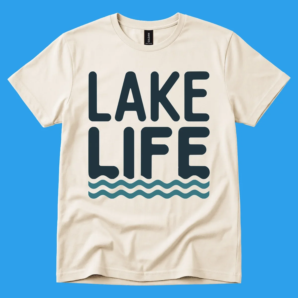 Lake life typography with waves graphic, dark blue and teal colors.